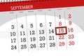 Calendar planner for the month, deadline day of the week, 2018 september, 15, Saturday Royalty Free Stock Photo