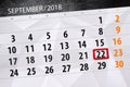 Calendar planner for the month, deadline day of the week, 2018 september, 22, Saturday Royalty Free Stock Photo