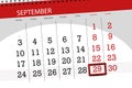 Calendar planner for the month, deadline day of the week, 2018 september, 29, Saturday Royalty Free Stock Photo