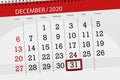 Calendar planner for the month december 2020, deadline day, 31, thursday