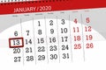 Calendar planner for the month january 2020, deadline day, 13, monday