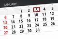 Calendar planner for the month january 2019, deadline day, 3, thursday Royalty Free Stock Photo