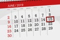 Calendar planner for month june 2019, deadline day, 15, saturday Royalty Free Stock Photo