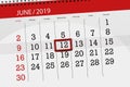 Calendar planner for month june 2019, deadline day, 12, wednesday Royalty Free Stock Photo