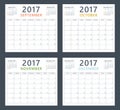 Calendar planner 2017 on september, october, november and december, week starts sunday Royalty Free Stock Photo