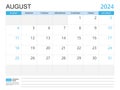 Calendar planner 2024 template- August 2024 year, week start on Sunday, Desk calendar 2024 design, simple and clean design, Wall