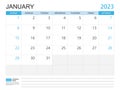 Calendar planner 2023 template-January 2023 year, week start on Sunday, Desk calendar 2023 design, simple and clean design, Wall