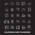 Calendar and planning editable line icons vector set on black background. Calendar and planning white outline Royalty Free Stock Photo