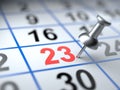 Calendar and pushpin. Mark on the calendar at 23 Royalty Free Stock Photo