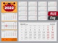 Calendar quarter for 2022. Year of the tiger. Wall calendar in English and Russian