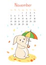 Calendar 2023 rabbit page november planner organizer bunny walking umbrella autumn rainy postcard