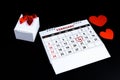 Calendar with red hand written heart highlight on February 14 of Saint Valentines day