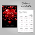 Calendar 2016 with red hearts on a black