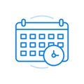 Calendar reminder deadline vector line icon. Important event month desk calendar and clock face.