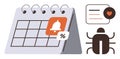Calendar with Reminder, Task Notification, and Error Bug Icon in Modern Flat Design Royalty Free Stock Photo
