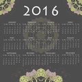 Calendar with round mandala for 2016 on grey background. Royalty Free Stock Photo