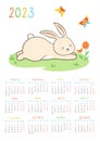 Calendar 2023 in Russian rabbit planner bunny lies asleep cartoon poster childish symbol new year