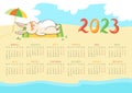 Calendar 2023 in Russian rabbit planner organizer bunny hare on beach umbrella childish character