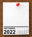 Calendar September 2022 on Blank Note Paper. 3d Rendering