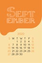 Calendar September 2020. Colorful calender. Vector hand drawn design. Doodle English lettering collection. Hearts and lines