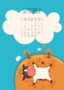 Calendar for September 2021. Cute bull lies in the autumn leaves. Vector graphics