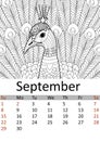 Calendar September month 2019. Antistress coloring bird, peacock with a tail. Wild animal patterns. Raster