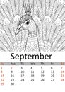 Calendar September month 2019. Antistress coloring bird, peacock with a tail. Wild animal patterns. Vector