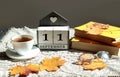 Calendar for September 11 : the name of the month in English, cubes with the number 11, a cup of tea, books, maple leaves on a Royalty Free Stock Photo