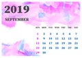 Calendar September; 2019 watercolor vector illustration. Layers