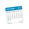 Calendar september 2019 year in paper sticker with shadow. Calendar planner design template. Agenda september monthly reminder. B Royalty Free Stock Photo