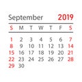 Calendar september 2019 year in simple style. Calendar planner d