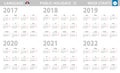 Calendar in Serbian language for year 2017, 2018, 2019, 2020, 2021, 2022. Week starts from Monday Royalty Free Stock Photo