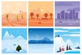 Calendar set landscape winter, autumn in flat minimal simple style - season banners poster cover template. Vector Royalty Free Stock Photo