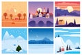 Calendar set landscape winter, autumn in flat minimal simple style - season banners poster cover template. Vector Royalty Free Stock Photo