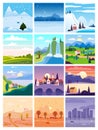 Calendar set landscape winter, spring, summer, autumn in flat minimal simple style - season banners poster cover Royalty Free Stock Photo