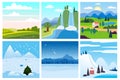 Calendar set landscape winter, summer in flat minimal simple style - season banners poster cover template. Vector Royalty Free Stock Photo