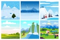 Calendar set landscape winter, summer in flat minimal simple style - season banners poster cover template. Vector Royalty Free Stock Photo