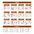 Calendar 2017 set 12 month on brown background vector illustration. Royalty Free Stock Photo