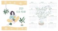 Calendar 2020. Calendar Modern Set With Woman And Plants Minimalistic Geometric Scandinavian Style And Trendy Colors. Week Starts