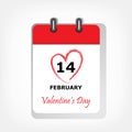 Calendar sheet with 14 february Valentines day date circled in red heart shape, vector illustration