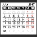 Calendar sheet July 2017