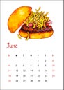 Calendar sheet for June 2023 delicious Umami Burger with beef, shiitake, sweet and sour sauce, cheese and fried tomatoes.