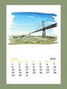 Calendar sheet layout August month 2021 year. San Francisco city hand drawn. Oakland Bay Bridge sketch,