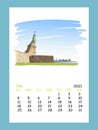 Calendar sheet layout July month 2021 year. Statue of Liberty. New York. USA.  Hand drawn city sketch. Royalty Free Stock Photo