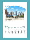 Calendar sheet layout March month 2021 year.Chicago. USA. Hand drawn city sketch