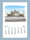 Calendar sheet layout March month 2021 year. Germany. Berlin. Brandenburg Gate. Old building hand drawn sketch. Unusual perspectiv Royalty Free Stock Photo