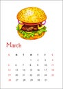 Calendar sheet for march 2023, american burger sandwich with meat, cheese, onion slices, tomato lettuce and tomato sauces, hand