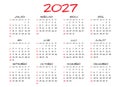 Monthly calendar template for 2027 year, simple calendar design, Planner, Week Starts on Sunday, Wall calendar 2027 design