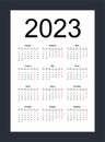 Calendar 2023. Simple vertical template in Russian language. Week starts from Monday