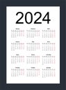 Calendar 2024. Simple vertical template in Russian language. Week starts from Monday